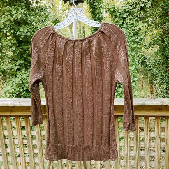 Textured Brown Ribbed Knit Sweater Shimmery Bronze Metallic Knit  Sweater Sz L - Picture 2 of 6